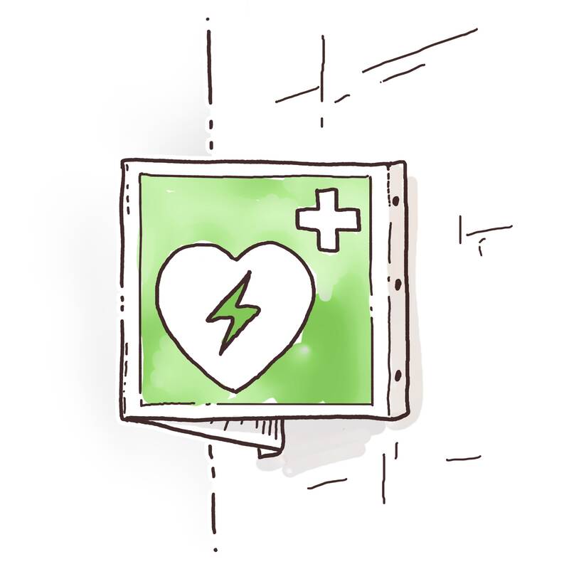 Illustration „AED-Schild“ aus dem Erklärfilm AED für Wolfgang Dieter Medizinische Handelsvertretung