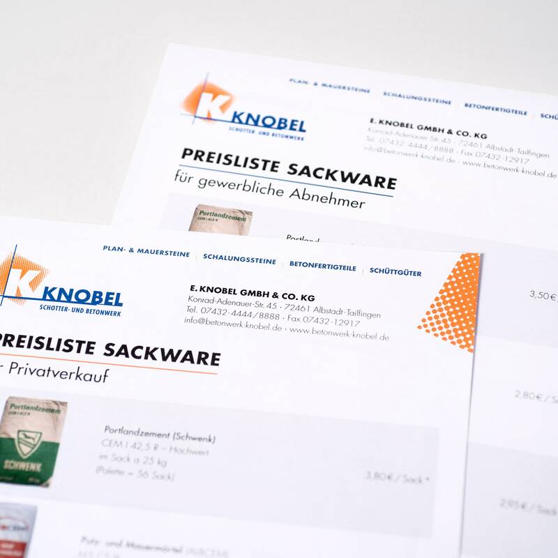 Foto der Einzelblätter Sackwaren-Preislisten der Firma Knobel in Albstadt