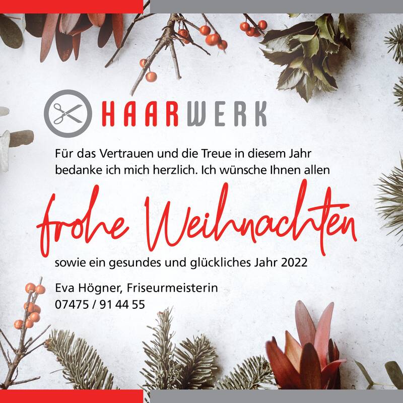 Weihnachtsanzeige von Haarwerk Eva Högner