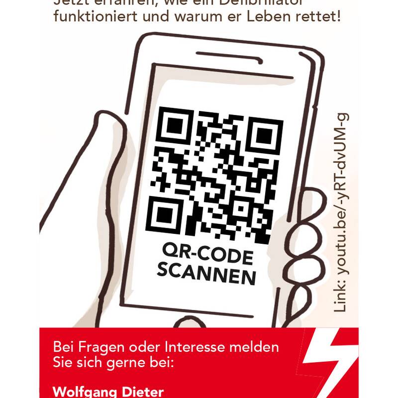 Hinweisaufkleber mit QR-Code zum Erklärfilm AED für Wolfgang Dieter Medizinische Handelsvertretung